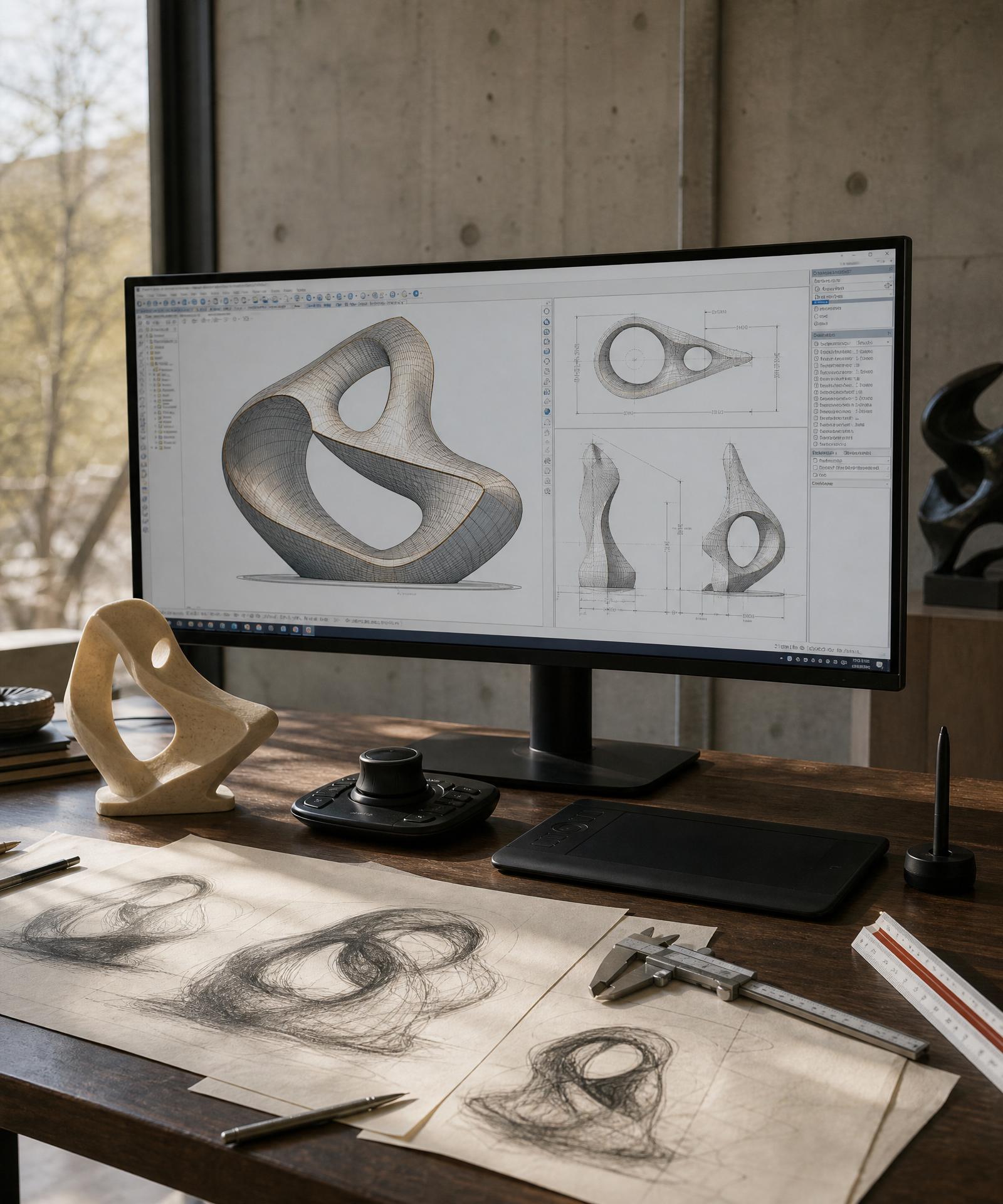 Modelado tridimensional en software CAD profesional con vistas ortogonales y prototipo