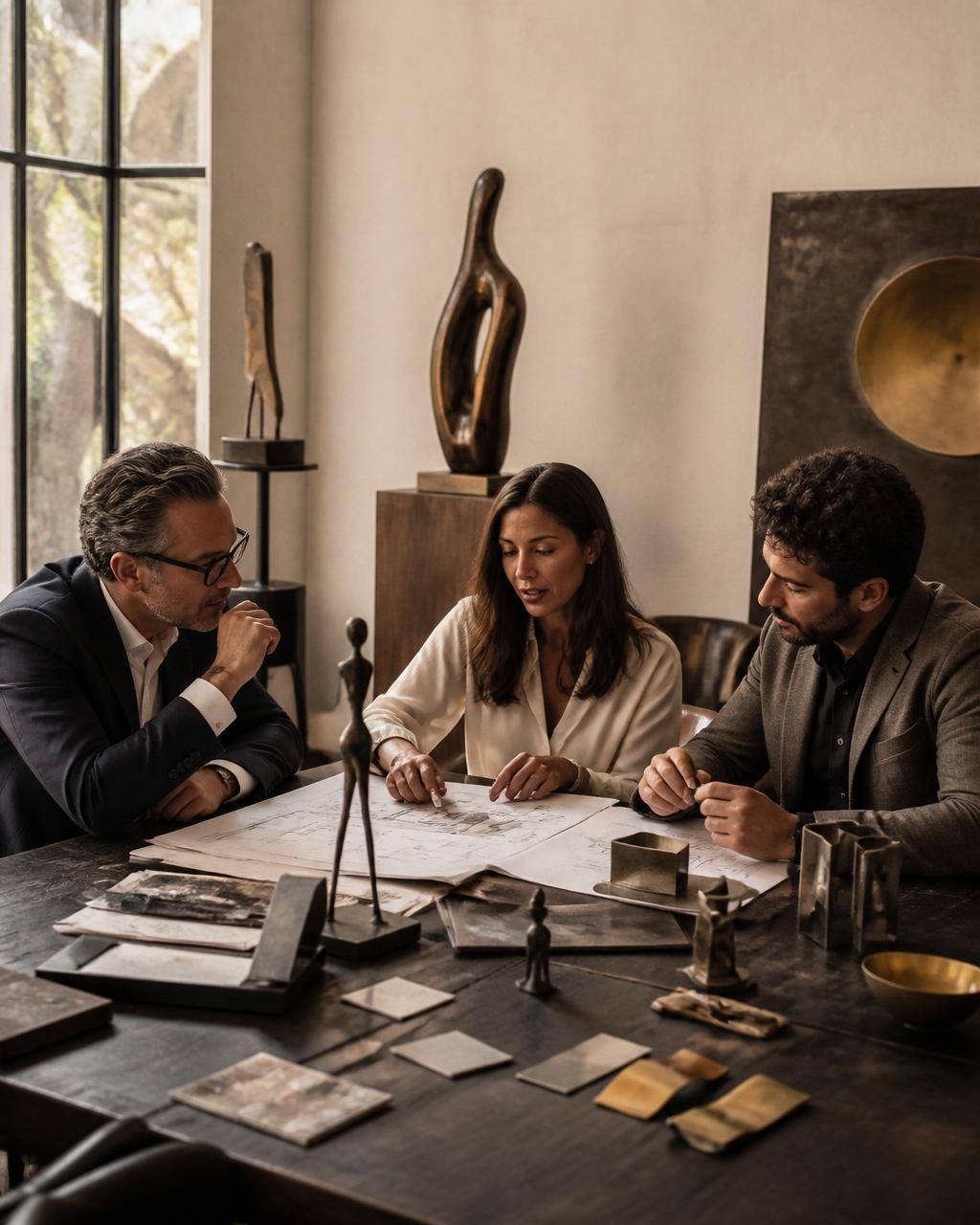 Consulta privada con planos, muestras de materiales y referencias escultóricas