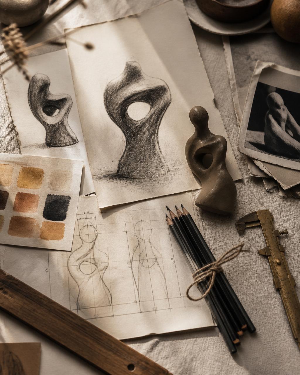 Dirección artística — bocetos, croquis y paleta material sobre mesa de trabajo